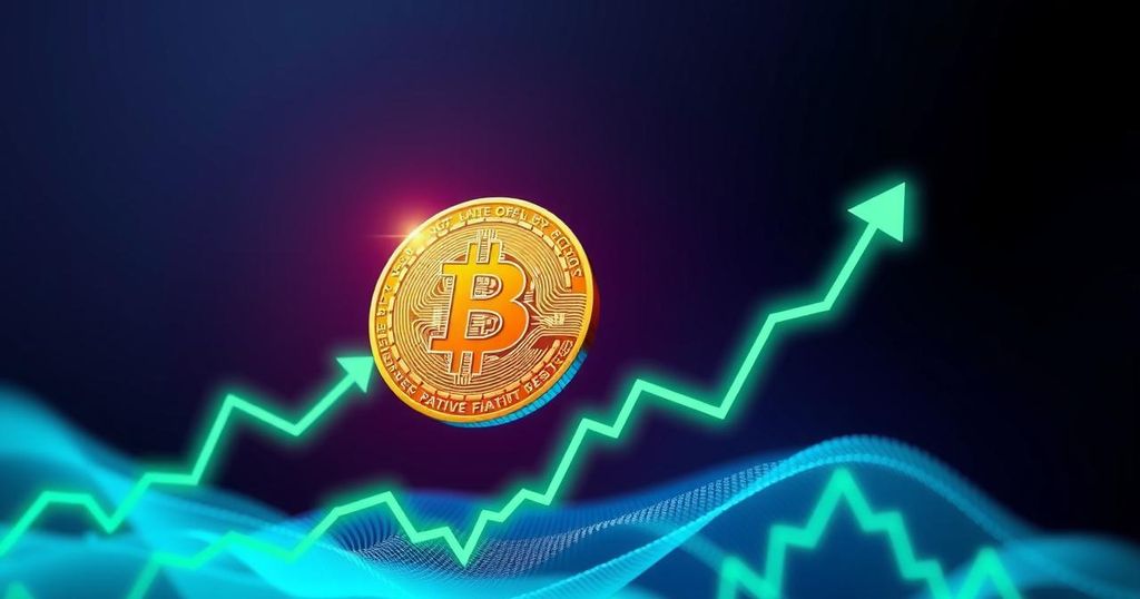 Golden Bitcoin coin surrounded by green and blue glowing graphs representing price increases and crypto success.