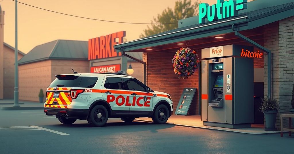 A police vehicle parked near a Bitcoin ATM at a market, safeguarding against scams.