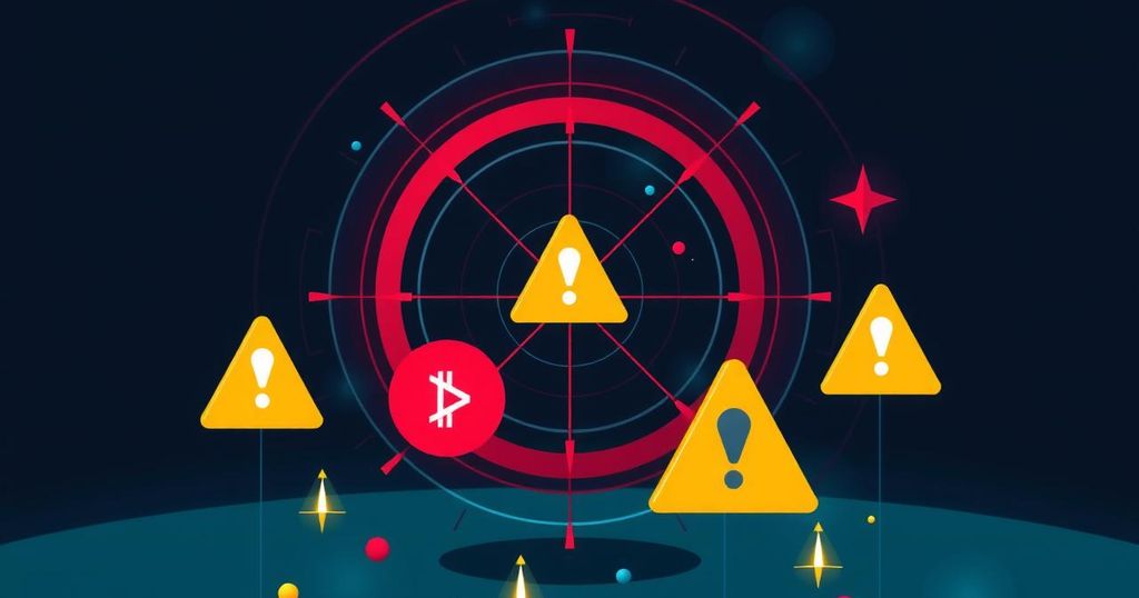 A radar-themed background warning against cryptocurrency scams with alert symbols and a cautionary colour palette.