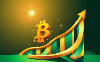 A dynamic, abstract representation of Bitcoin's potential growth with gold and green colour scheme.