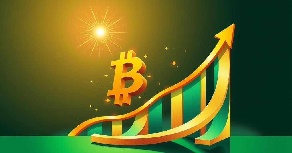 A dynamic, abstract representation of Bitcoin's potential growth with gold and green colour scheme.