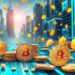 A digital artwork showcasing Bitcoin coins and memecoins in a futuristic city background with vibrant colours.