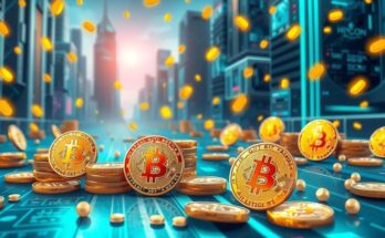 A digital artwork showcasing Bitcoin coins and memecoins in a futuristic city background with vibrant colours.
