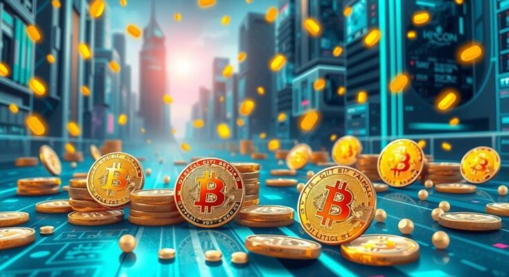 A digital artwork showcasing Bitcoin coins and memecoins in a futuristic city background with vibrant colours.