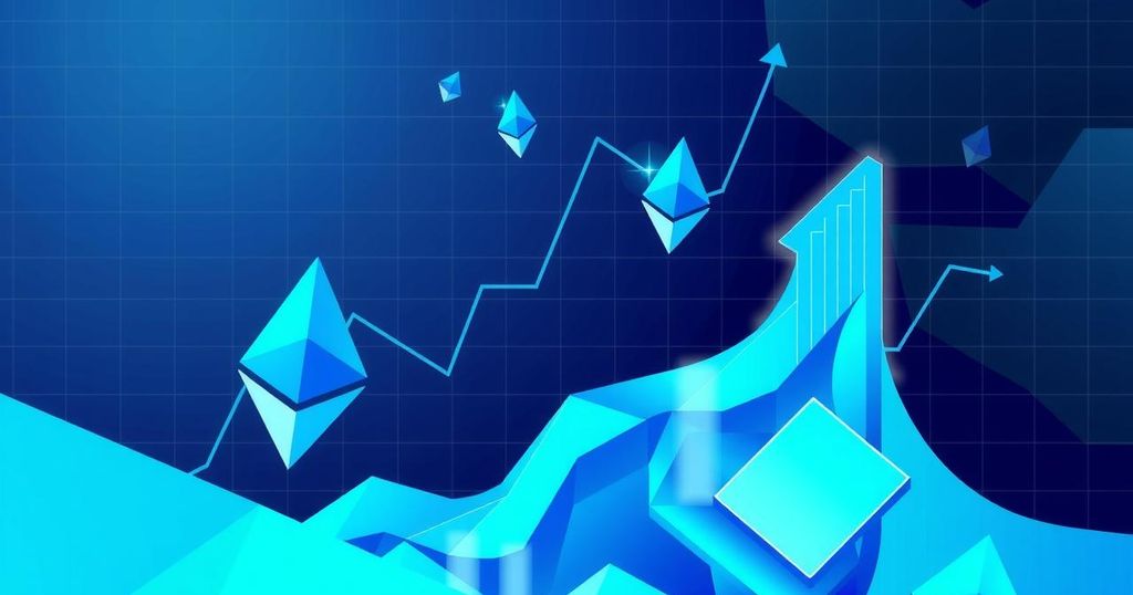 A stylised digital artwork of Ethereum symbols, bright colours, showing upward movement on a grid background.