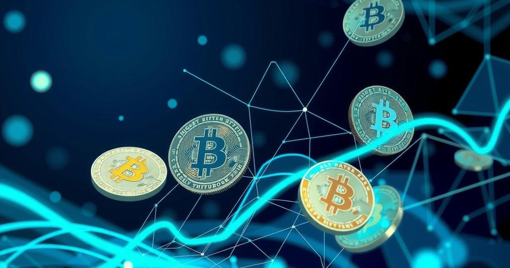 A digital abstract representation of various cryptocurrencies with a futuristic theme, featuring vibrant blue and green colors.