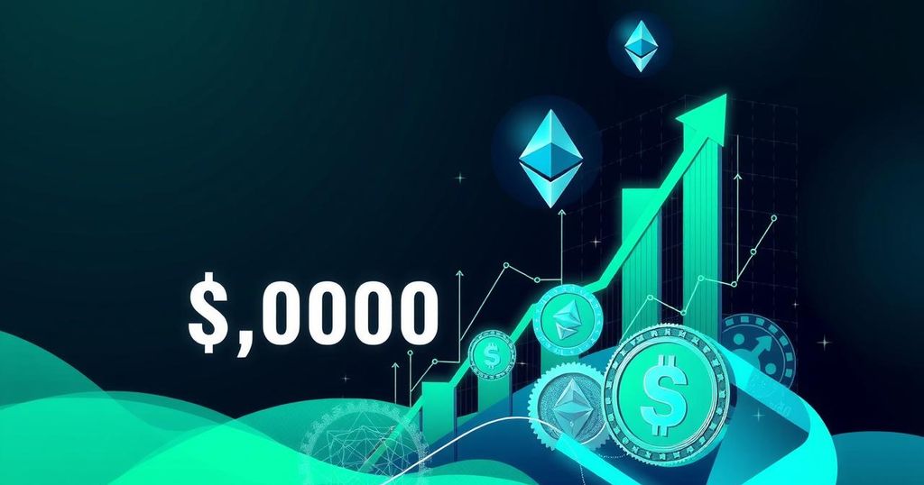 Abstract digital artwork illustrating Ethereum's price rise towards $5,000 with upward graphs and crypto elements.