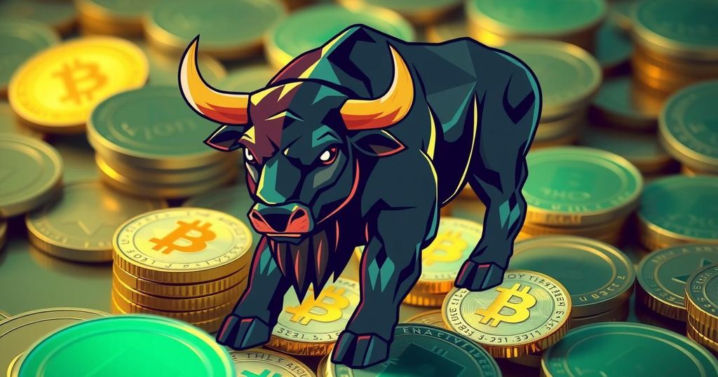 A vibrant bull symbolising cryptocurrency growth against a digital coin backdrop, embodying a dynamic investment spirit.