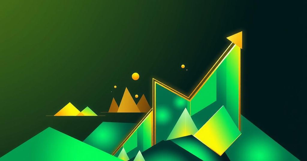Abstract illustration representing Bitcoin market sentiment with a rising graph, vibrant colours, and geometric shapes.