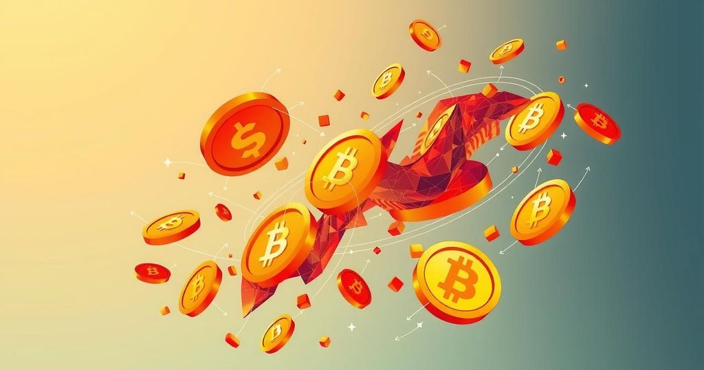 A vibrant illustration of digital coins from a cryptocurrency launch with abstract elements and warm colour tones.
