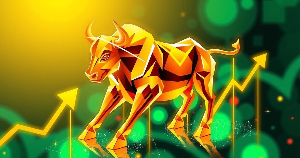 A digital representation of Bitcoin's soaring price trajectory, featuring a stylised bull symbol in vibrant green and gold.