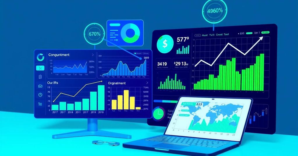 A digital illustration showcasing data analysis tools for cryptocurrency investment, featuring vibrant blue and green tones.