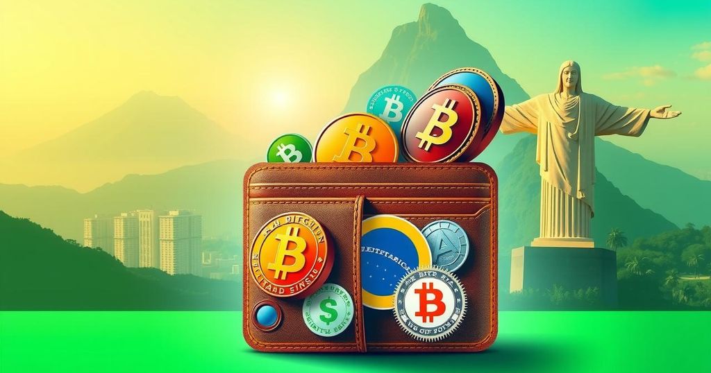A digital wallet displaying cryptocurrency symbols, with a backdrop of Brazilian landmarks and local currency.