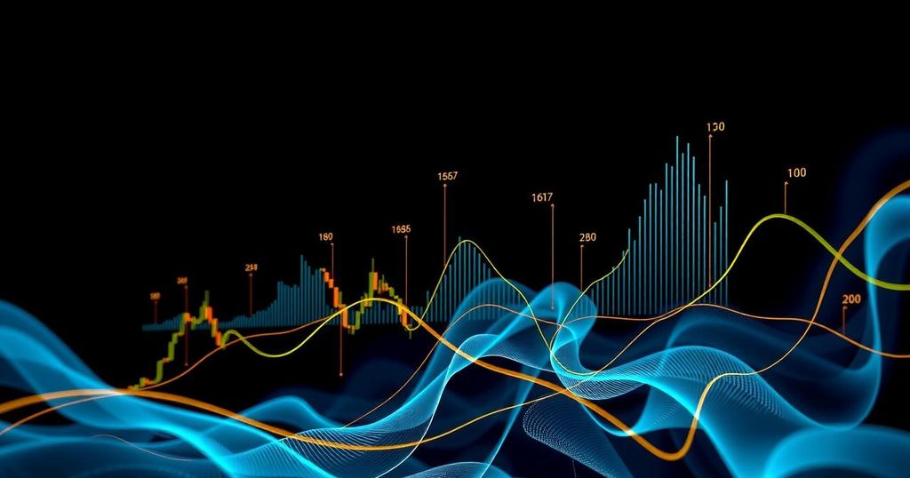 A dark-themed abstract representation of Bitcoin's price projections amidst fluctuating graphs and charts.