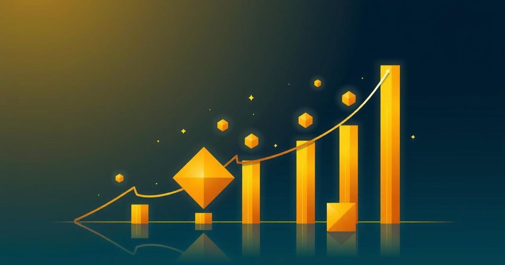 An abstract representation of Bitcoin's potential all-time high with golden hues and geometric patterns symbolising growth.