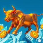 Golden bull statue adorned with Bitcoin symbols, set against a bright blue sky, showcasing an optimistic crypto market.