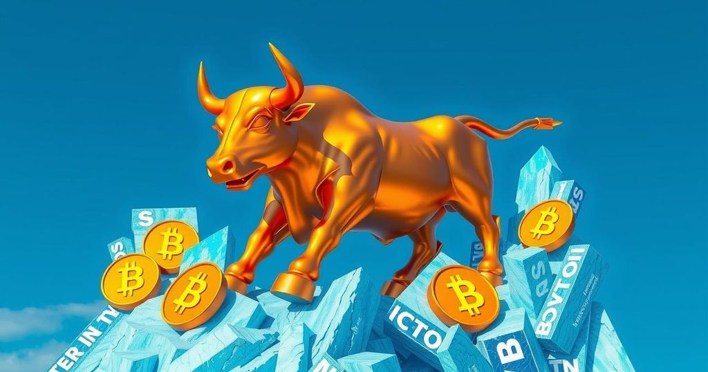 Golden bull statue adorned with Bitcoin symbols, set against a bright blue sky, showcasing an optimistic crypto market.