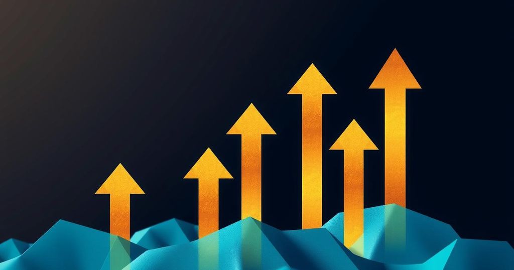 A vibrant digital artwork illustrating Bitcoin's ascent, with upward arrows against a backdrop of dark blue and gold