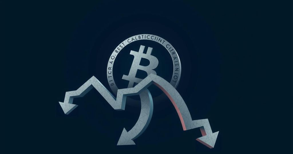A digital representation of Bitcoin with downward arrows and a bear motif against a dark blue and grey background.
