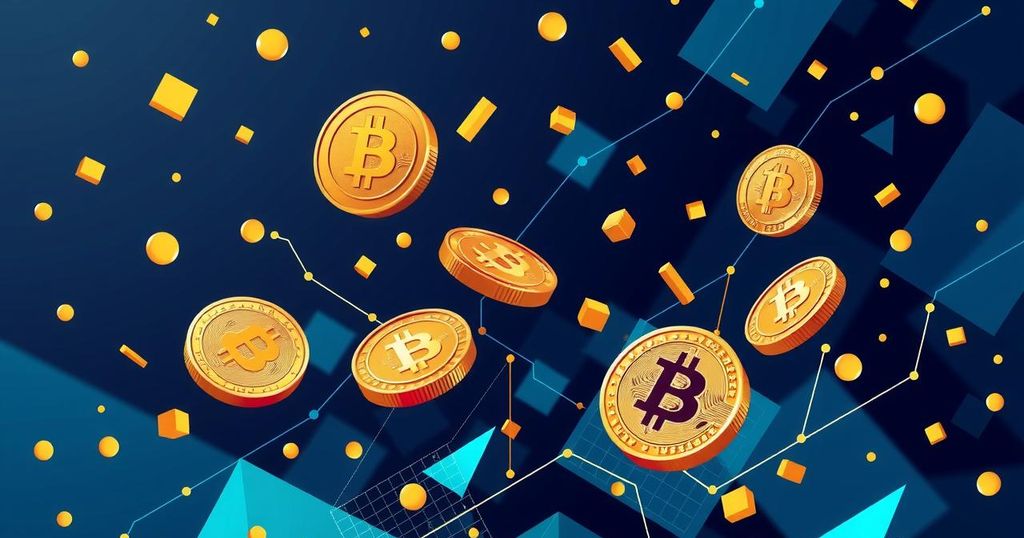 A vibrant cryptocurrency concept with abstract coins and digital patterns in a bold, modern art style.