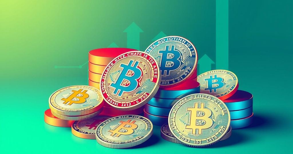Cryptocurrency market with Bitcoin symbolism, featuring digital coins, bullish trends, and a vibrant colour palette