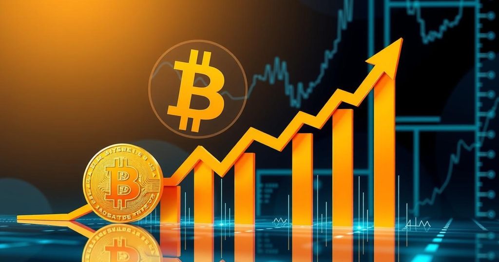 A vibrant digital artwork showcasing ascending Bitcoin trends with bright yellow and orange tones representing a price surge.