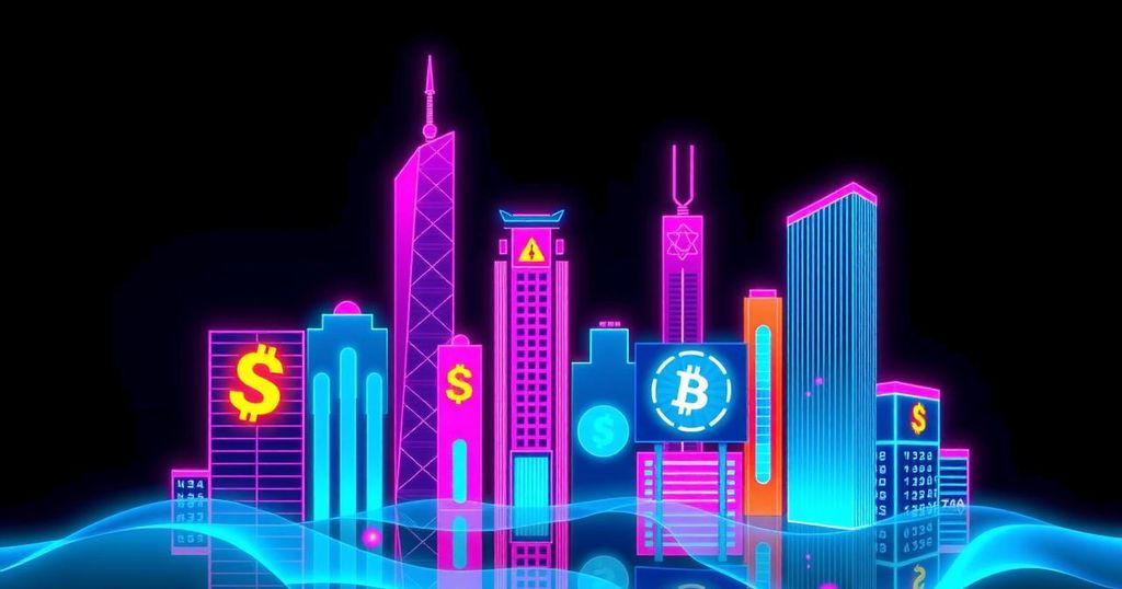 A vibrant digital skyline with abstract representations of cryptocurrencies and regulatory elements, showcasing energy and optimism.