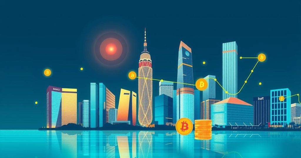 A digital artwork depicting a Hong Kong skyline with abstract representations of cryptocurrency and bank elements in vibrant colours.