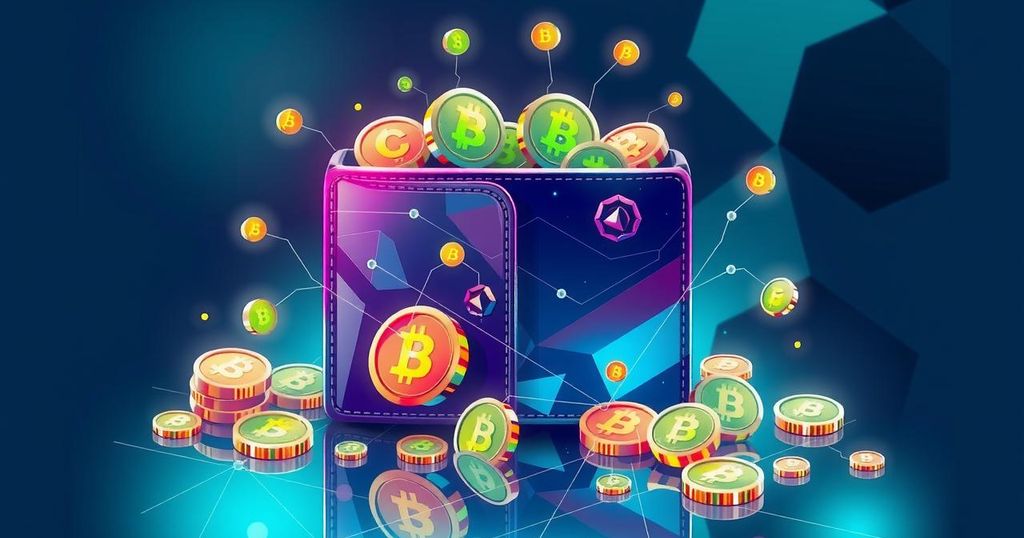 A digital artwork illustrating a futuristic cryptocurrency wallet filled with vibrant tokens, highlighting AI innovation and stability.
