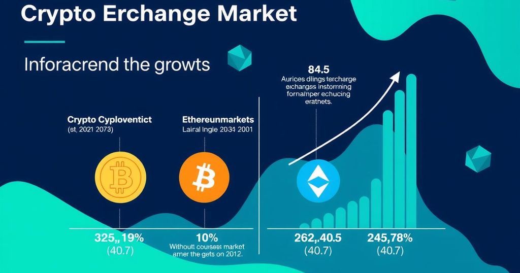 A graphic depicting the growth of the crypto exchange market, focusing on key players and trends, in a modern style.