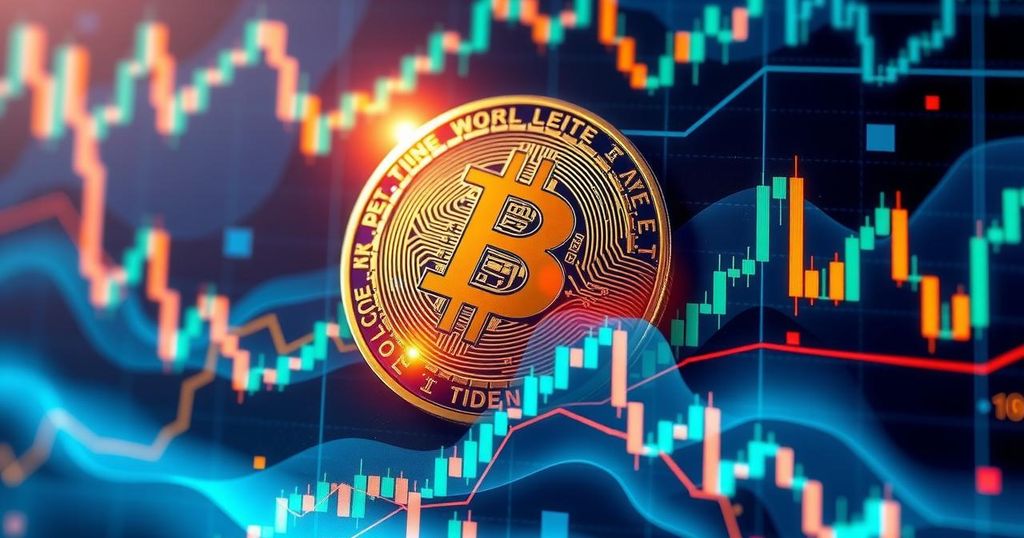 Abstract cryptocurrency concept with Bitcoin symbol and financial charts, showcasing market innovation and resilience.