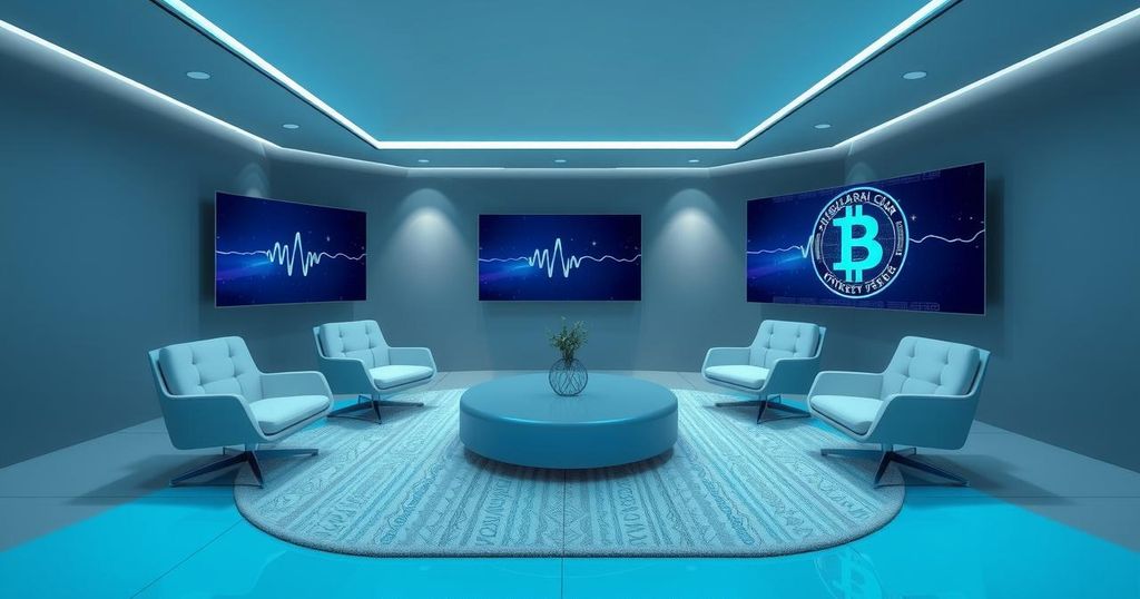 A futuristic regulatory meeting with abstract symbols of cryptocurrency and digital assets in a modern boardroom.
