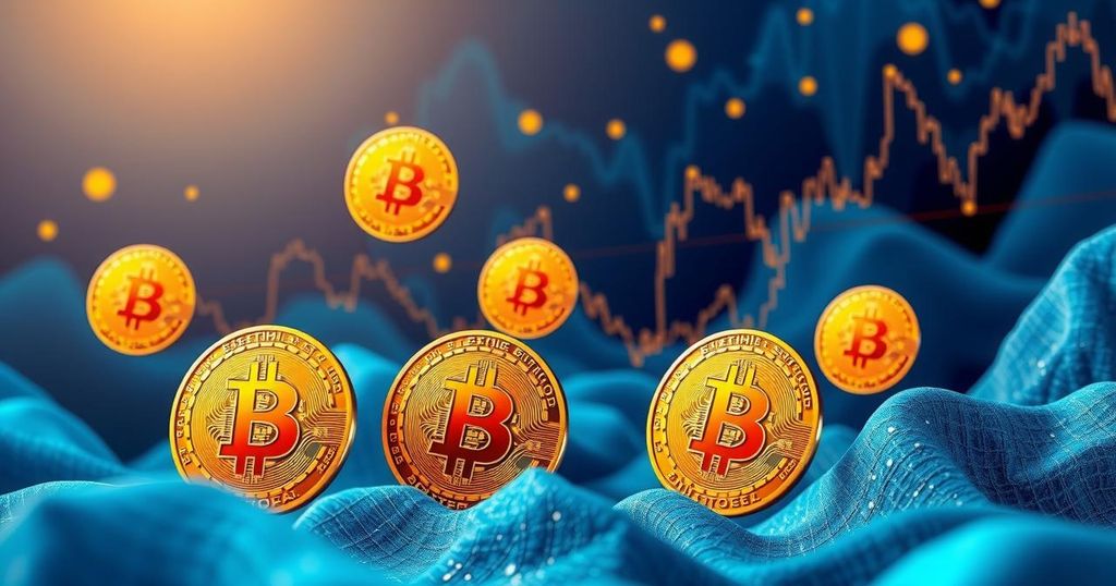 A high-stakes financial landscape depicting Bitcoin and stock market elements, in a vibrant color palette of blue and gold.