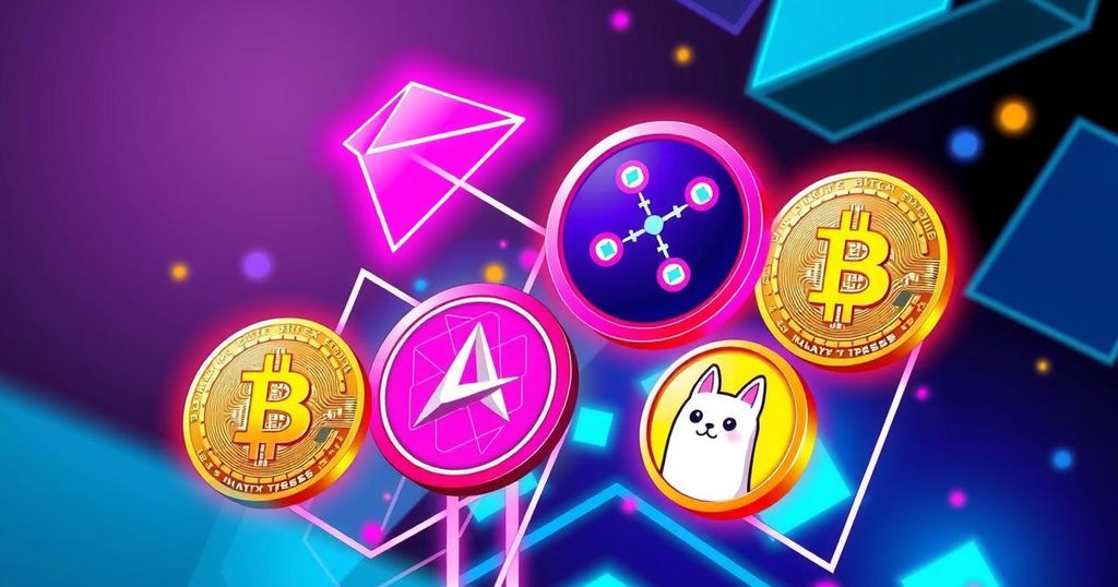 A vibrant digital artwork showing popular cryptocurrencies symbolised by distinct icons, with bright neon colours.