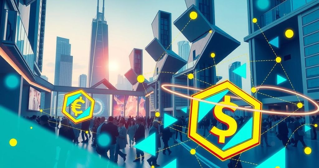 Vibrant illustration of a bustling conference on stablecoins, with a futuristic cityscape, digital money symbols, and engaging visuals.