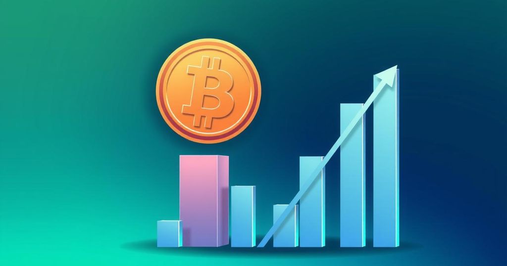 A digital illustration of rising Bitcoin symbol above a graph featuring a bull flag pattern, with green and blue hues.