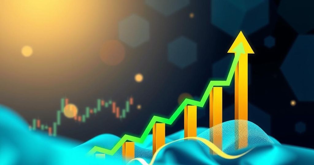 A digital representation of a bullish cryptocurrency trend with abstract financial charts and green upward arrows.