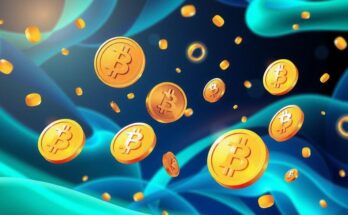 A digital rendering of cryptocurrency symbols with a vibrant colour palette, representing market fluctuations in finance.