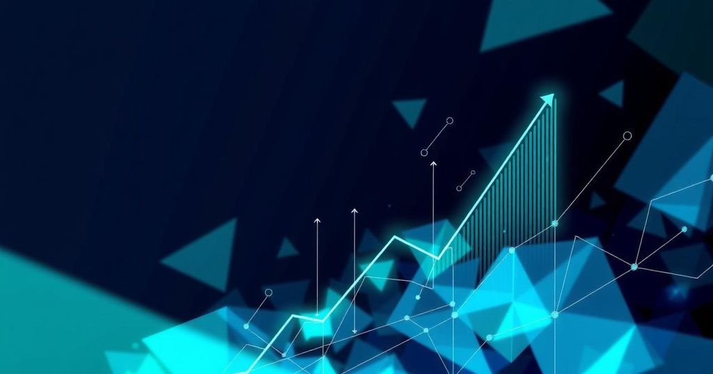 A vibrant digital art piece showcasing abstract representations of cryptocurrency and financial growth with a blue-green colour scheme.