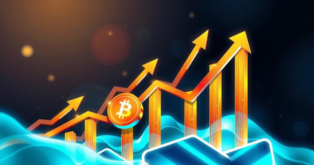 A vibrant digital illustration of rising cryptocurrency values represented by arrows and charts, with a futuristic colour scheme.