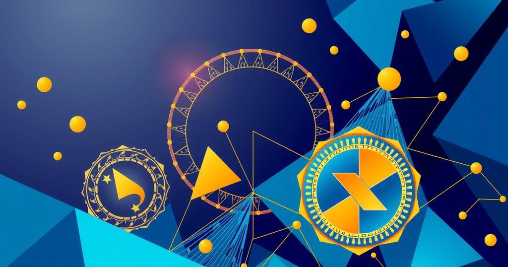 A vibrant abstract design representing cryptocurrency regulation, with geometric shapes in blue and gold tones.