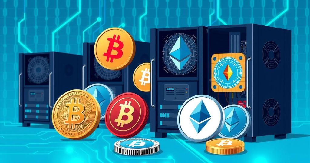 Illustration depicting cryptocurrency symbols and mining equipment set against a vibrant blue and green blockchain background.