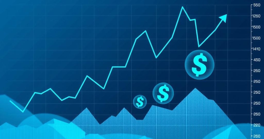 A digital financial graph depicting a downward trend with abstract currency symbols, using cool blue and grey tones.