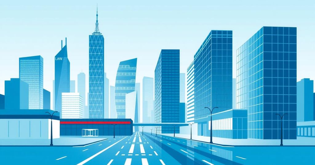 Dynamic representation of legal proceedings and banking, showcasing business themes and modern architecture in blue tones.