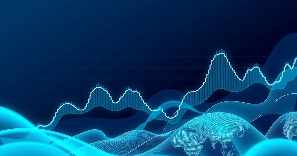 A digital art piece of fluctuating cryptocurrency graphs with cool-toned blues and greens, reflecting market trends.