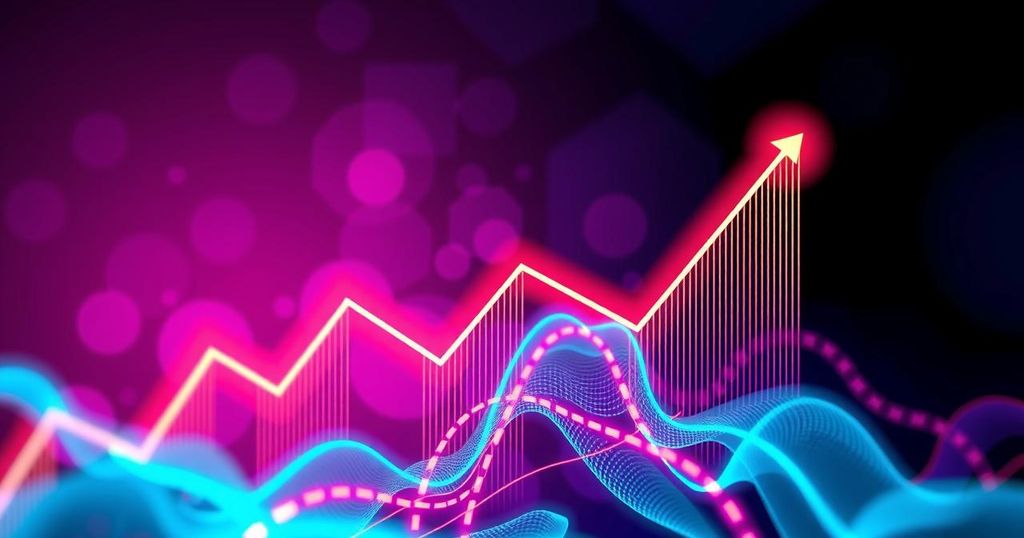 A vibrant abstract representation of cryptocurrency price trends, featuring dynamic lines and bright colours symbolising growth.