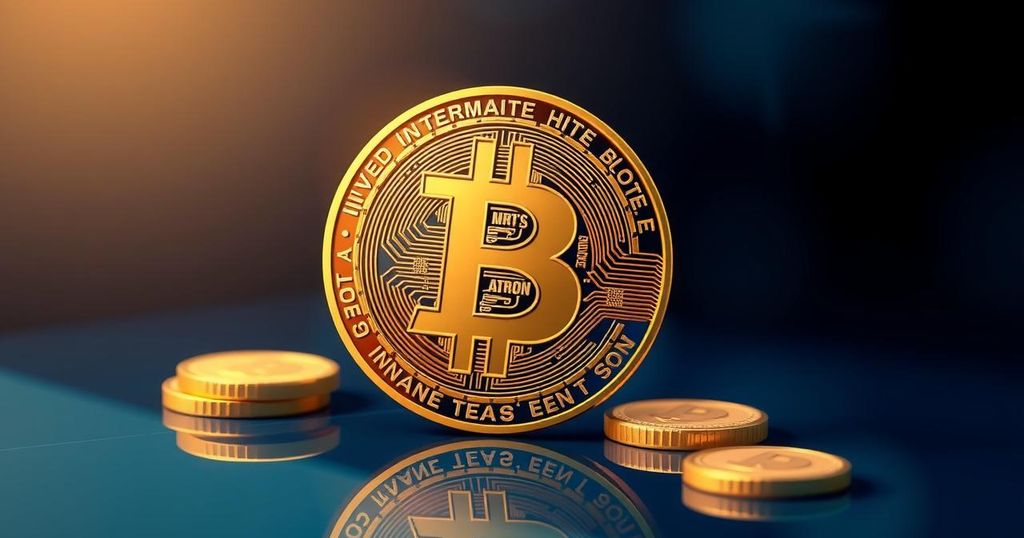 Bitcoin symbol on a gold and dark blue background, symbolizing investment and financial hopes, with modern art style.
