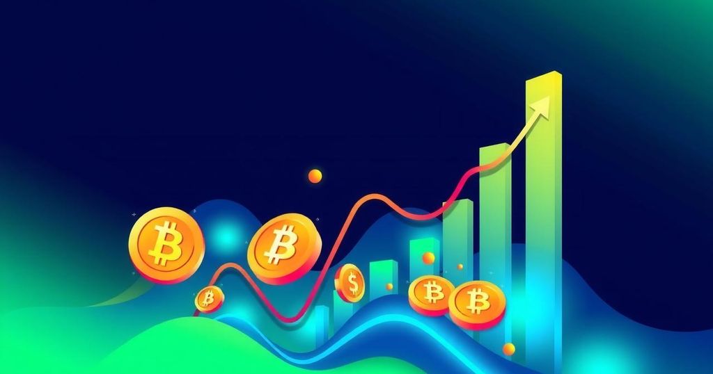 A vibrant digital financial graph highlighting Bitcoin's surge and market cap growth against a gradient background.