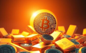 Vibrant digital art depicting Bitcoin as a rising sun over a backdrop of gold bars.