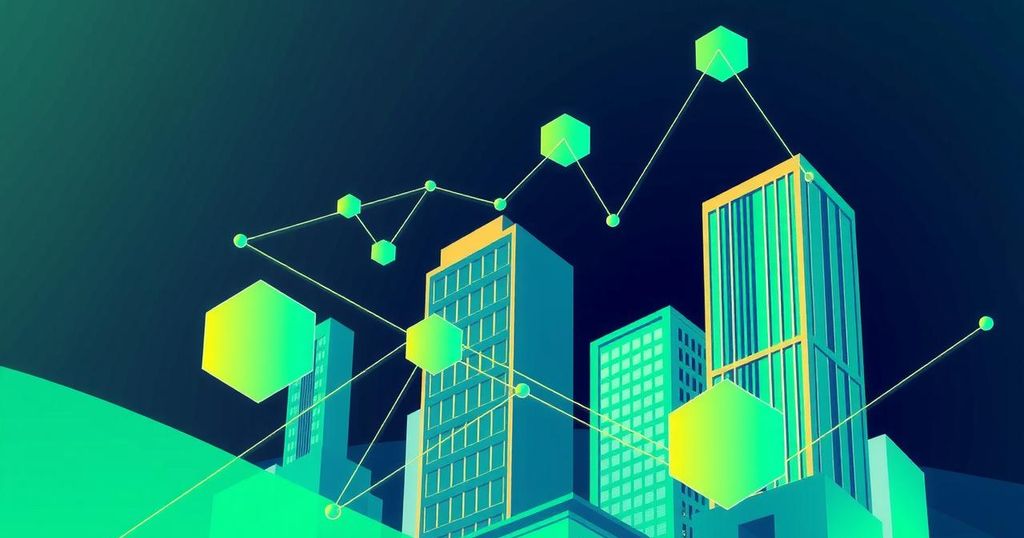 Tokenization of real estate visualised with a blockchain motif and vibrant colours, highlighting XRPL innovation.